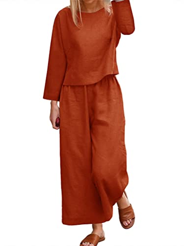 ORANDESIGNE Leinenanzug Damen Elegant Freizeitanzug Casual Langarmshirt und Breites Bein Hose Zweiteiler Festlich Hosenanzug 2-teiler Set Einfarbig Leinen Langarm Anzug Outfits A Orange S von ORANDESIGNE