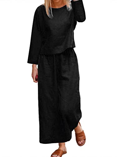 ORANDESIGNE Leinenanzug Damen Elegant Freizeitanzug Casual Langarmshirt und Breites Bein Hose Zweiteiler Festlich Hosenanzug 2-teiler Set Einfarbig Leinen Langarm Anzug Outfits A Schwarz 3XL von ORANDESIGNE