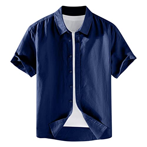 ORANDESIGNE Leinenhemd Herren Hemd Herren Kurzarm Sommerhemd Herren Regular Fit Freizeithemd C Dunkelblau XL von ORANDESIGNE