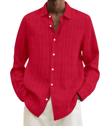 ORANDESIGNE Leinenhemd Herren Hemd Herren Langarm Sommerhemd Herren Regular Fit Freizeithemd Freizeit Shirts für Männer C Rot 3XL von ORANDESIGNE