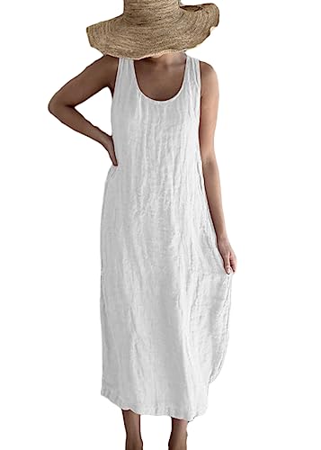 ORANDESIGNE Leinenkleid Damen Ärmellos Rundhals Baumwoll Leinen Sommerkleid Tankkleid Strandkleid Midikleid Boho A-Linie Kleider Uni Locker Langes Kaftan Kleid Freizeitkleid A Weiß L von ORANDESIGNE