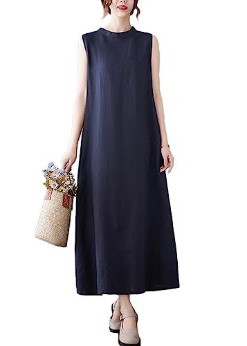 ORANDESIGNE Leinenkleid Damen Ärmellos Rundhals Baumwoll Leinen Sommerkleid Tankkleid Strandkleid Midikleid Boho A-Linie Kleider Uni Locker Langes Kaftan Kleid Freizeitkleid D Marine XL von ORANDESIGNE