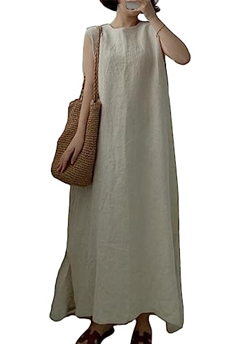 ORANDESIGNE Leinenkleid Damen Ärmellos Rundhals Baumwoll Leinen Sommerkleid Tankkleid Strandkleid Midikleid Boho A-Linie Kleider Uni Locker Langes Kaftan Kleid Freizeitkleid E Beige XS von ORANDESIGNE