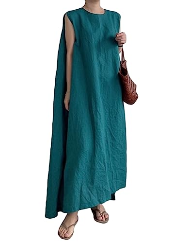 ORANDESIGNE Leinenkleid Damen Ärmellos Rundhals Baumwoll Leinen Sommerkleid Tankkleid Strandkleid Midikleid Boho A-Linie Kleider Uni Locker Langes Kaftan Kleid Freizeitkleid E Grün M von ORANDESIGNE