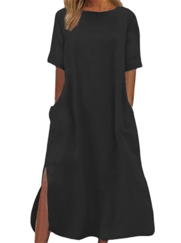 ORANDESIGNE Leinenkleid Damen Sommer Einfarbig Kaftan Roben Lose V-Ausschnitt Leinenkleid Maxikleid Freizeitkleid Oversized Sommerkleid Strandkleider Boho Langes Kleid mit Taschen C Schwarz XXL von ORANDESIGNE