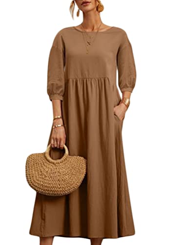 ORANDESIGNE Leinenkleid Damen Sommer Große Größen Tunika Kleid Sommerkleid Lang Maxikleid Elegant Boho Lässig Locker T-Shirt Kleider Blusenkleid Leinen Freizeitkleid mit Taschen A Braun M von ORANDESIGNE