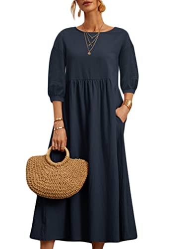 ORANDESIGNE Leinenkleid Damen Sommer Große Größen Tunika Kleid Sommerkleid Lang Maxikleid Elegant Boho Lässig Locker T-Shirt Kleider Blusenkleid Leinen Freizeitkleid mit Taschen A Dunkelblau XL von ORANDESIGNE