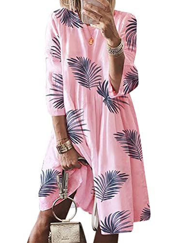 ORANDESIGNE Leinenkleid Damen Sommer Rundhals 3/4 Ärmel Sommerkleid Knielang Leinenkleid Baumwolle Leinen Blusenkleid Casual Drucken Freizeitkleid Strandkleider Boho A-Linie Kleid Z2 Rosa XXL von ORANDESIGNE