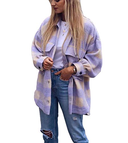 ORANDESIGNE Lila Weiße Kariertes Oversize Bluse Hemdjacke Holzfällerjacke Flanellhemd Jacke Damen Mode B Violett L von ORANDESIGNE