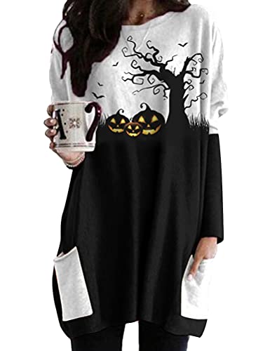 ORANDESIGNE Longshirt Damen Halloween Langarmshirts Oberteile Kürbis Druck T Shirt Lose Rundhals Langarm Tunika Oversize Basic Tops A Schwarz 3XL von ORANDESIGNE