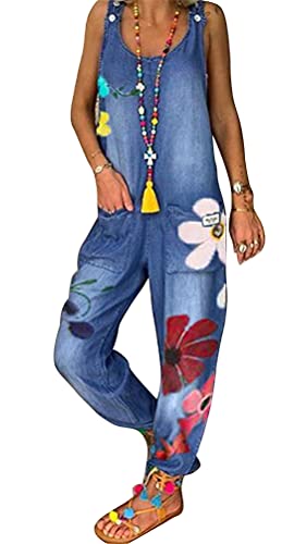 ORANDESIGNE Lose Latzhose Damen Ärmellose Overalls Boho Jumpsuit mit Träger Taschen Retro Sommerhose Blumen Playsuit Rompers Jeanslatzhose Lange Wide Leg Hosen Trägerhose A 01 Blau L von ORANDESIGNE