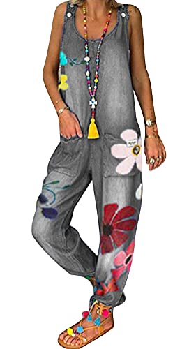 ORANDESIGNE Lose Latzhose Damen Ärmellose Overalls Boho Jumpsuit mit Träger Taschen Retro Sommerhose Blumen Playsuit Rompers Jeanslatzhose Lange Wide Leg Hosen Trägerhose A Grau M von ORANDESIGNE