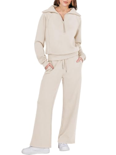 ORANDESIGNE Lounge Set Zweiteiler Damen Knopf Langarmshirt High Waist Weite Freizeithose Loungewear 2 Teiler Jogginganzug A Aprikose XS von ORANDESIGNE