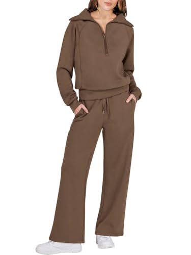 ORANDESIGNE Lounge Set Zweiteiler Damen Knopf Langarmshirt High Waist Weite Freizeithose Loungewear 2 Teiler Jogginganzug A Braun L von ORANDESIGNE