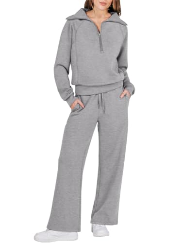 ORANDESIGNE Lounge Set Zweiteiler Damen Knopf Langarmshirt High Waist Weite Freizeithose Loungewear 2 Teiler Jogginganzug A Grau L von ORANDESIGNE
