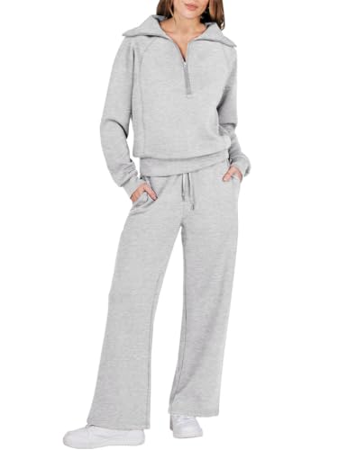 ORANDESIGNE Lounge Set Zweiteiler Damen Knopf Langarmshirt High Waist Weite Freizeithose Loungewear 2 Teiler Jogginganzug A Hellgrau XS von ORANDESIGNE