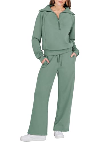 ORANDESIGNE Lounge Set Zweiteiler Damen Knopf Langarmshirt High Waist Weite Freizeithose Loungewear 2 Teiler Jogginganzug A Hellgrün L von ORANDESIGNE