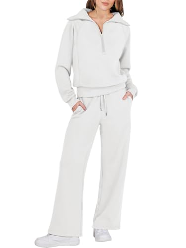 ORANDESIGNE Lounge Set Zweiteiler Damen Knopf Langarmshirt High Waist Weite Freizeithose Loungewear 2 Teiler Jogginganzug A Weiß L von ORANDESIGNE