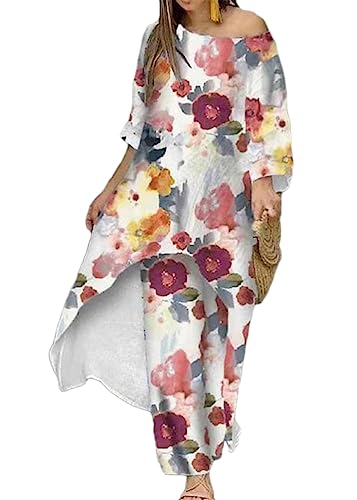 ORANDESIGNE Loungewear Set Damen Elegant Freizeitanzug Sets Irregulär Rundhals Vorne Kurz Hinten Langes Bluse 3/4 Ärmel Longshirt Hose Hohe Taille Weites Bein ​Streetwear Zweiteil B Rosa XXL von ORANDESIGNE