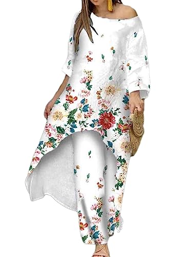 ORANDESIGNE Loungewear Set Damen Elegant Freizeitanzug Sets Irregulär Rundhals Vorne Kurz Hinten Langes Bluse 3/4 Ärmel Longshirt Hose Hohe Taille Weites Bein ​Streetwear Zweiteil B Rot XXL von ORANDESIGNE