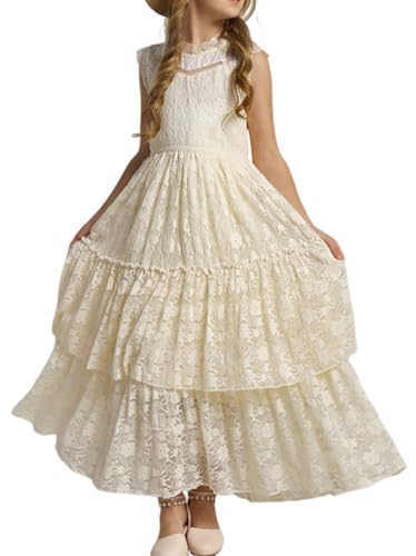 ORANDESIGNE Mädchen Boho Lange Kleider Chiffon Kleid mit Bindegürtel und Kurzen Butterfly-Ärmeln Vintage Chic A-Linie Kommunionkleider Brautjungfern Kleider Blumenmädchenkleider H Beige 120 von ORANDESIGNE