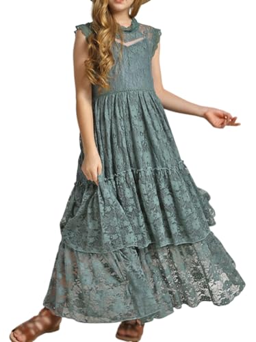 ORANDESIGNE Mädchen Boho Lange Kleider Chiffon Kleid mit Bindegürtel und Kurzen Butterfly-Ärmeln Vintage Chic A-Linie Kommunionkleider Brautjungfern Kleider Blumenmädchenkleider H Grün 150 von ORANDESIGNE