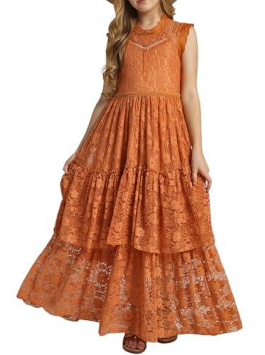 ORANDESIGNE Mädchen Boho Lange Kleider Chiffon Kleid mit Bindegürtel und Kurzen Butterfly-Ärmeln Vintage Chic A-Linie Kommunionkleider Brautjungfern Kleider Blumenmädchenkleider H Orange 130 von ORANDESIGNE