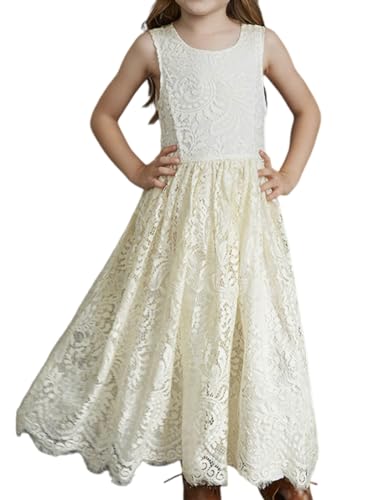 ORANDESIGNE Mädchen Boho Lange Kleider Chiffon Kleid mit Bindegürtel und Kurzen Butterfly-Ärmeln Vintage Chic A-Linie Kommunionkleider Brautjungfern Kleider Blumenmädchenkleider I Beige 160 von ORANDESIGNE