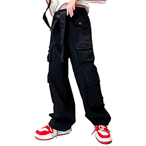 ORANDESIGNE Mädchen Cargohose, Baumwoll Baggy Hose mit Elastischer Taille und Mehreren Taschen für Kinder B Schwarz 170 von ORANDESIGNE