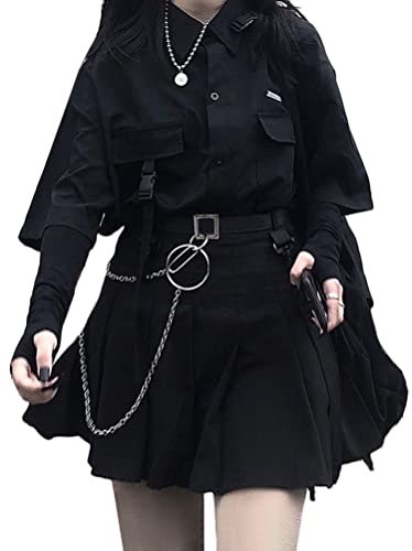 ORANDESIGNE Mädchen Damen Schwarz Kurzes Langarmshirt/Kurzarm Langes Hemd und Kurzer Faltenrock Zweiteiliger Punk Anzug Gothic Kurzarm Freizeitkleid Lässige Kleidung Frühling Herbst C Skirt L von ORANDESIGNE