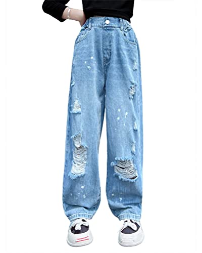 ORANDESIGNE Mädchen Jean Hosen Loch Denim Blau Jeans, Vintage Hose mit weitem Bein für Kinder Fit H Blau 10-11 Jahre von ORANDESIGNE