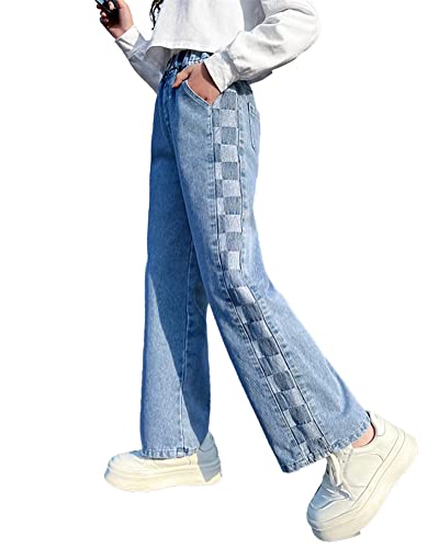 ORANDESIGNE Mädchen Jean Hosen Loch Denim Blau Jeans, Vintage Hose mit weitem Bein für Kinder Fit I Blau 13-15 Jahre von ORANDESIGNE