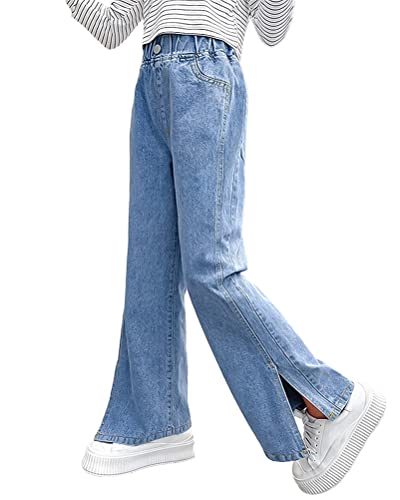 ORANDESIGNE Mädchen Jean Hosen Loch Denim Blau Jeans, Vintage Hose mit weitem Bein für Kinder Fit M Blau 13-15 Jahre von ORANDESIGNE