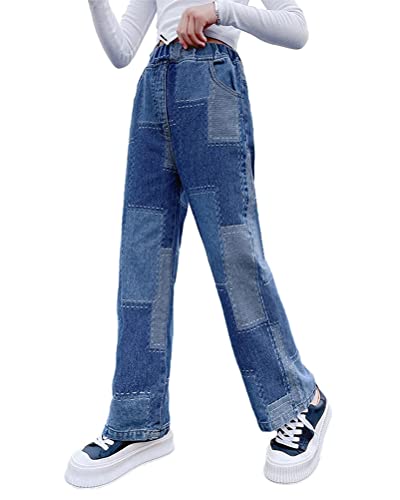 ORANDESIGNE Mädchen Jean Hosen Loch Denim Blau Jeans, Vintage Hose mit weitem Bein für Kinder Fit V Blau 10-11 Jahre von ORANDESIGNE