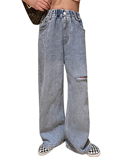 ORANDESIGNE Mädchen Jean Hosen Loch Denim Blau Jeans, Vintage Hose mit weitem Bein für Kinder Fit X Blau 13-15 Jahre von ORANDESIGNE
