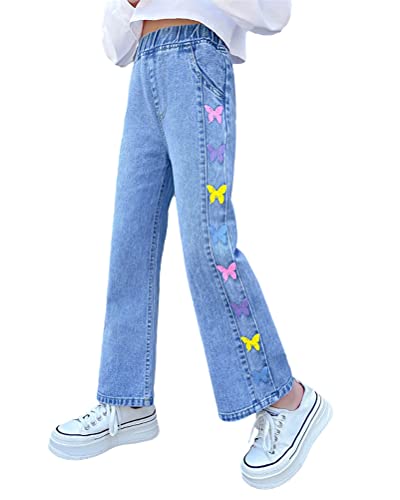 ORANDESIGNE Mädchen Jean Hosen Loch Denim Blau Jeans Vintage Hose mit Weitem Bein für Kinder Fit Beiläufig Lose Gerade Jeanshosen Freizeithose Streetwear A Blau 11-12 Jahre von ORANDESIGNE