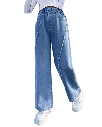 ORANDESIGNE Mädchen Jean Hosen Loch Denim Blau Jeans Vintage Hose mit Weitem Bein für Kinder Fit Beiläufig Lose Gerade Jeanshosen Freizeithose Streetwear E Blau 13-15 Jahre von ORANDESIGNE