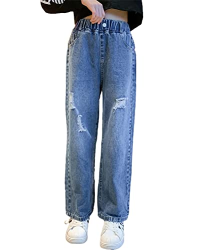 ORANDESIGNE Mädchen Jean Hosen Loch Denim Blau Jeans Vintage Hose mit Weitem Bein für Kinder Fit Beiläufig Lose Gerade Jeanshosen Freizeithose Streetwear U Blau 11-12 Jahre von ORANDESIGNE