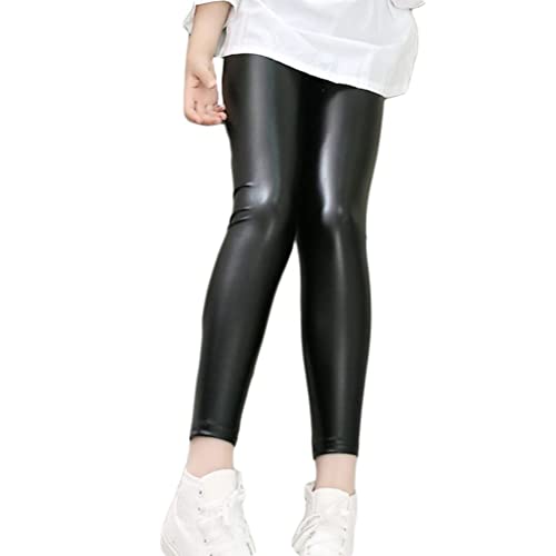 ORANDESIGNE Mädchen Kunstleder Leggings High Waist Hose Strumpfhosen Treggins Leggins Leder Look Hüfthoch H Schwarz 150 von ORANDESIGNE