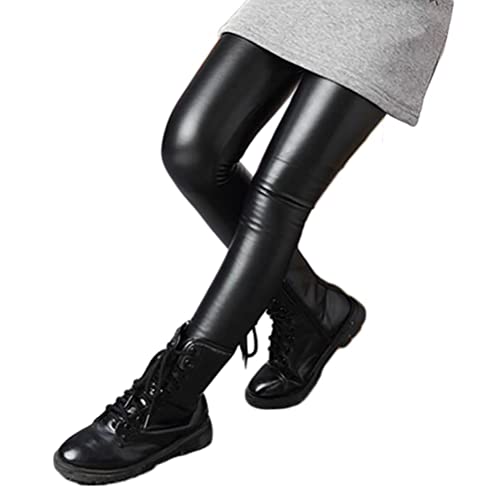 ORANDESIGNE Mädchen Kunstleder Leggings High Waist Hose Strumpfhosen Treggins Leggins Leder Look Hüfthoch F Schwarz 130 von ORANDESIGNE