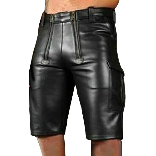 ORANDESIGNE Männer Sexy PU-Leder Einfarbig Beiläufig Ledershorts Nachtclub Bar DS Bühnenkostüm Punk Reißverschluss Tanzen Kurze Hose Code Schwarz von ORANDESIGNE