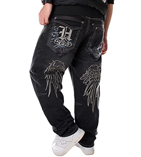 ORANDESIGNE Männer Vintage Hip Hop Baggy Jeans Denim Street Dance Rochenhosen Straight Loose Fit Teenager Jungen H Schwarz S von ORANDESIGNE