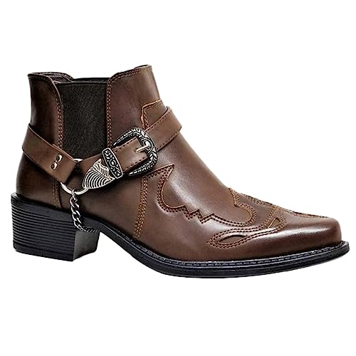 ORANDESIGNE Herren Western Cowboystiefel Vintage Motorradstiefel Winter Männer Leder Kurzschaft Stiefel Unisex Erwachsene Reiterstiefel Arbeitsstiefel I Kaffee 43 von ORANDESIGNE