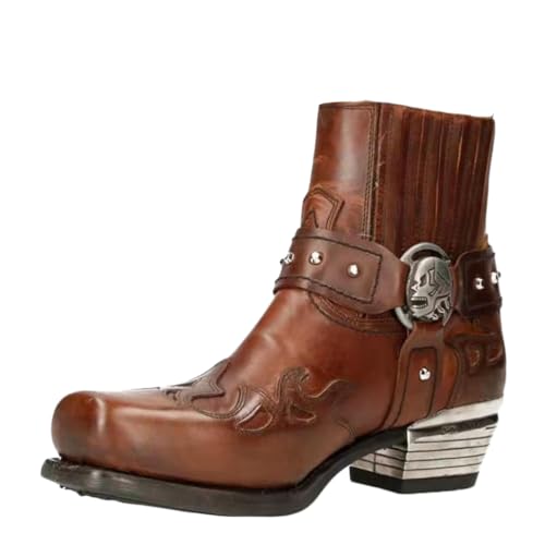 ORANDESIGNE Männer Western-Cowboy-Stiefel Vintage-Quadrat-Kopf-Ritter Stiefel Herren Hohe Hilfe Land-Art-Arbeitsstiefel Frühling Herbst Wandern Trekking-Jagd K Kaffee 38 EU von ORANDESIGNE