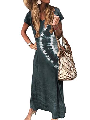 ORANDESIGNE Maxikleider Damen Sommerkleid Kurzarm Bunte Freizeit Lange Boho Kleid Loose V-Ausschnitt Strandkleider Farblock Böhmen Party Kleid A Grün L von ORANDESIGNE