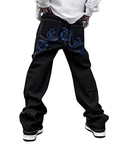 ORANDESIGNE Men Hip Hop Jeans Baggy Straight Leg Gewaschen Jeanshose Casual Denim Hosen Vintage Bedruckte Jeans Teenager Jungen Skateboard Hose Streetwear L Blau M von ORANDESIGNE