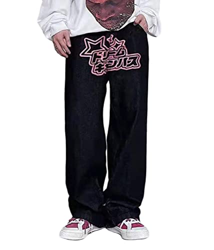 ORANDESIGNE Men Hip Hop Jeans Baggy Straight Leg Gewaschen Jeanshose Casual Denim Hosen Vintage Bedruckte Jeans Teenager Jungen Skateboard Hose Streetwear Q Schwarz M von ORANDESIGNE