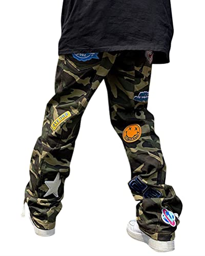 ORANDESIGNE Men Hip Hop Jeans Baggy Straight Leg Gewaschen Jeanshose Casual Denim Hosen Vintage Bedruckte Jeans Teenager Jungen Skateboard Hose Streetwear R Grün 3XL von ORANDESIGNE