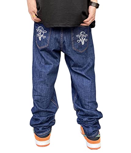 ORANDESIGNE Men Hip Hop Jeans Baggy Unisex Damen Herren Straight Leg Gewaschen Jeanshose Casual Denim Hosen Vintage Bedruckte Jeans Teenager Jungen Mädchen Skateboard Hosen Streetwear A Blau M von ORANDESIGNE