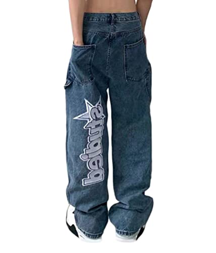 ORANDESIGNE Men Hip Hop Jeans Baggy Unisex Damen Herren Straight Leg Gewaschen Jeanshose Casual Denim Hosen Vintage Bedruckte Jeans Teenager Jungen Mädchen Skateboard Hosen Streetwear G Blau XXL von ORANDESIGNE